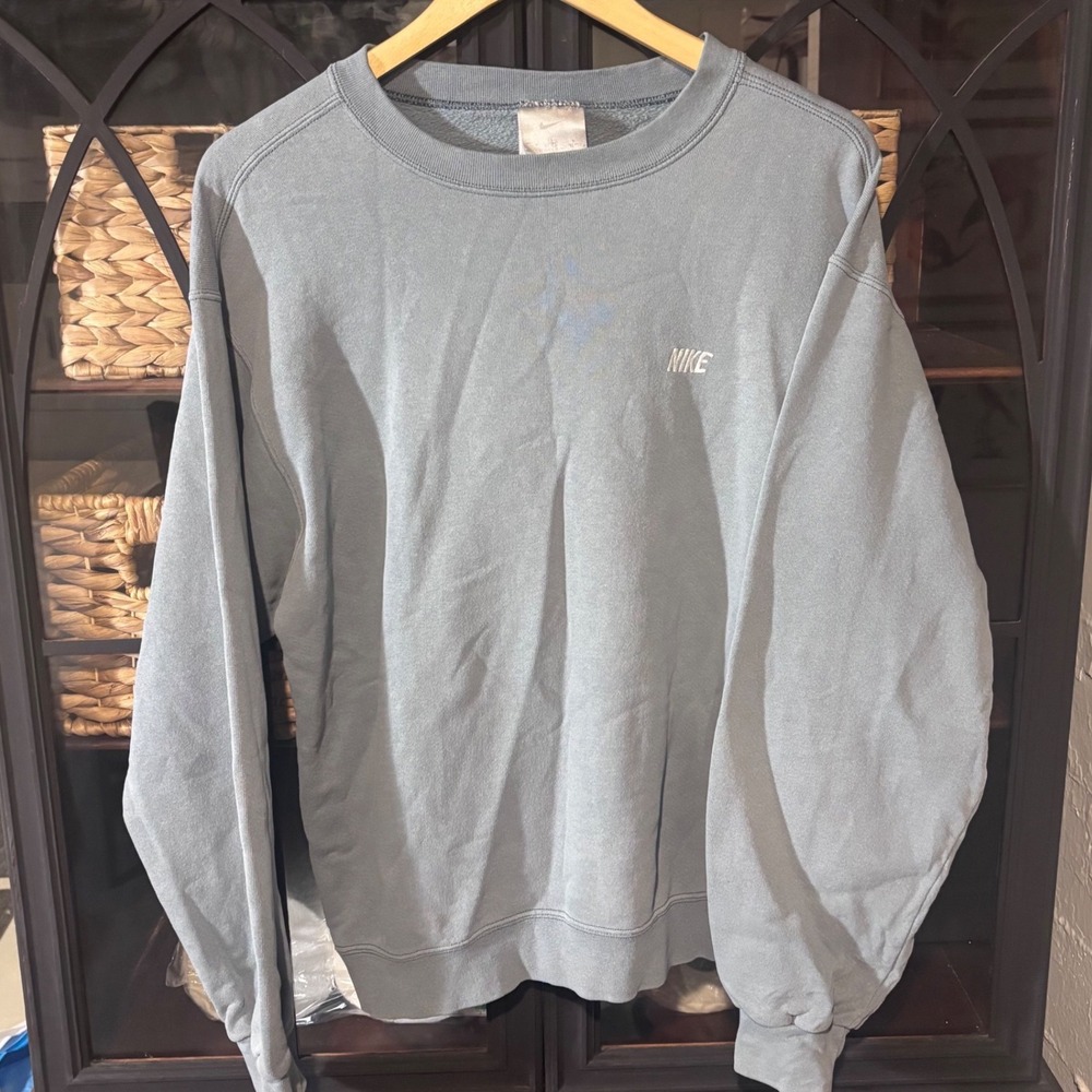 Vintage 90s Nike Sweatshirt Mens M Made USA Faded Blue Spell Out Logo Crewneck